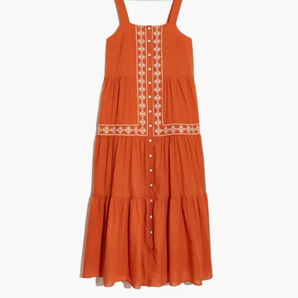 Embroidered button-front tiered midi dress / XS